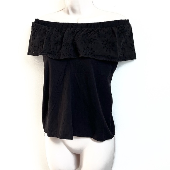Oakridge Off Shoulder Cotton Eyelet Ruffle Black Pullover Blouse Top Small - Picture 2 of 9